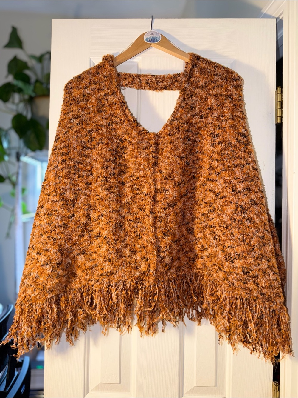 POL Orange Fuzzy Fringe Sweater Oversized V Neck Balloon Sleeve Boho M - Picture 5 of 8